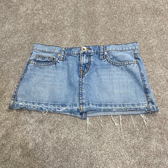 Y2K 00s Vtg Distress Hot Kiss Denim Mini Skirt 9 Frayed Hem Embroidered Low rise - Picture 1 of 12